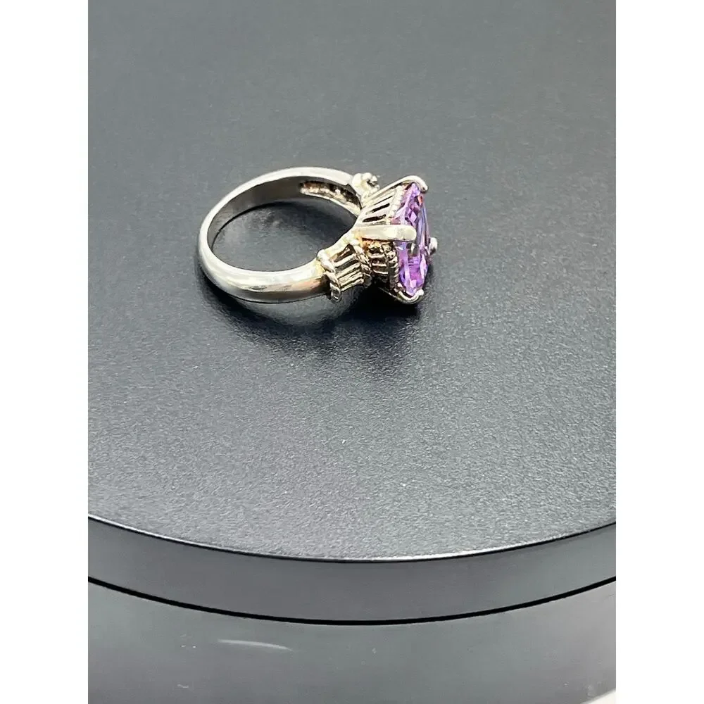 Designer 925 Sterling Silver Large Rectangle Cut‎ Purple Blue Prong CZ Ring Sz 9